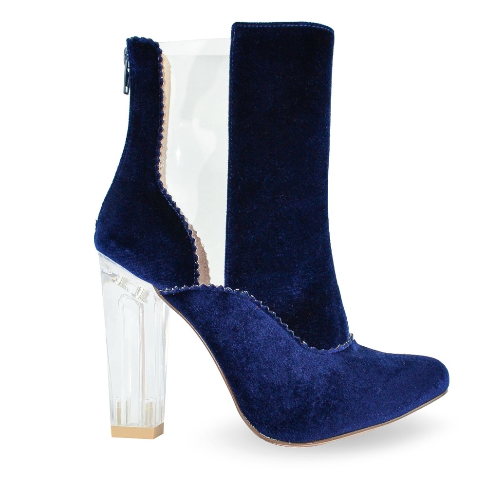 CHASE & CHLOE CHUNKY CLEAR HEEL VELVET BOOTS - Picture 1 of 5